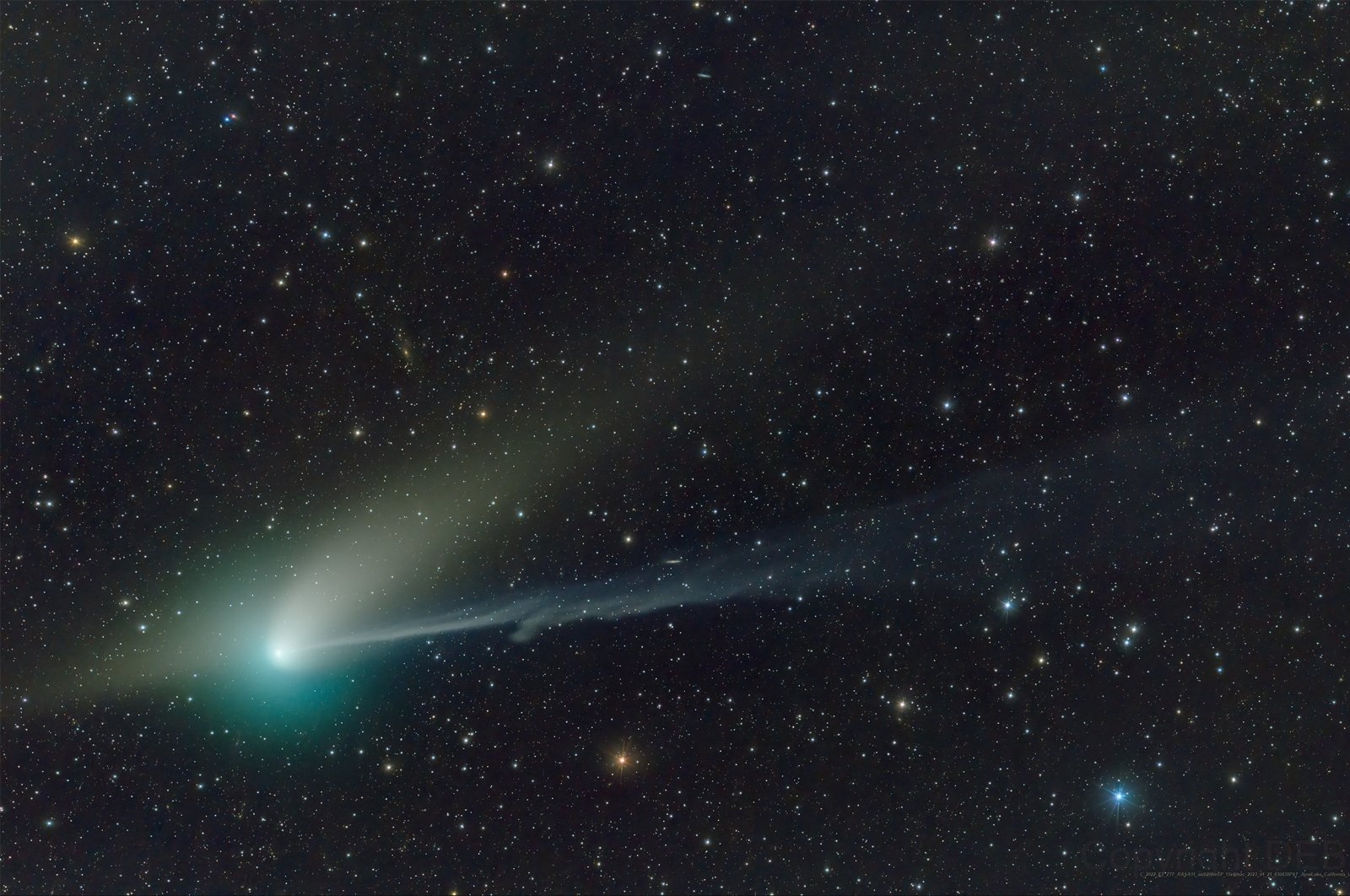 A telescope image shows a green comet named Comet C/2022 E3 (ZTF), which last passed by our planet about 50,000 years ago, Jan. 21, 2023. (Reuters Photo)