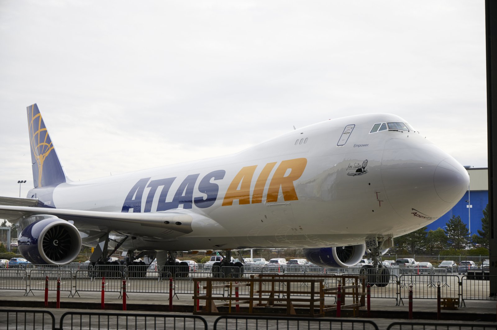 The final Boeing 747 is displayed at the assembly plant during a ceremony for the delivery of the jumbo jet to Atlas Air, in Everett, Washington, U.S., Jan. 31, 2023. (AP Photo)