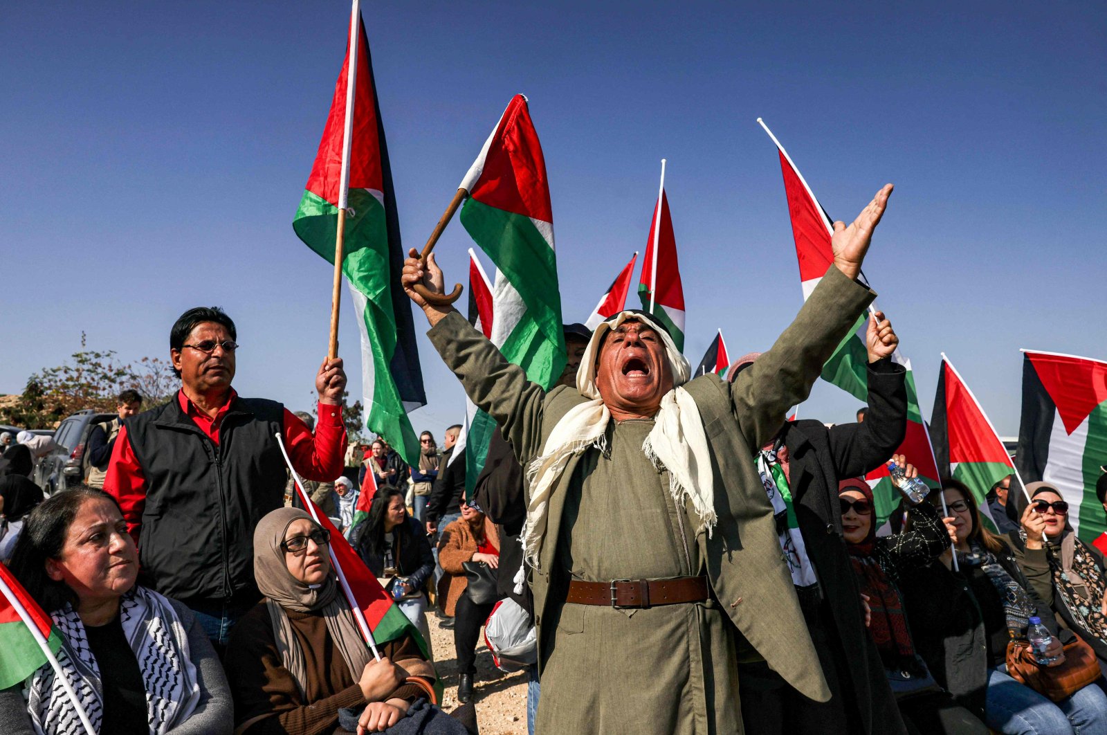 Palestinians and Israeli left-wing activists demonstrate against the evacuation of Bedouins in the village of Khan al-Ahmar, occupied West Bank, Palestine, Jan. 23, 2023. (AFP Photo)
