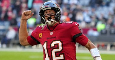 Tampa Bay Buccaneers quarterback Tom Brady reacts before an NFL International Series game against the Seattle Seahawks at Allianz Arena, Munich, Germany, Nov 13, 2022. (Reuters Photo)