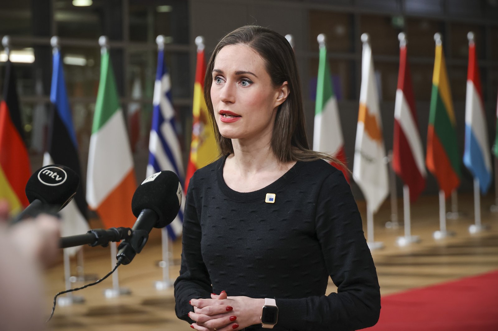 Prime Minister of Finland Sanna Marin speaks with the media during a press briefing, at the European Council in Brussels, Belgium, Dec. 15, 2022. (Reuters Photo)