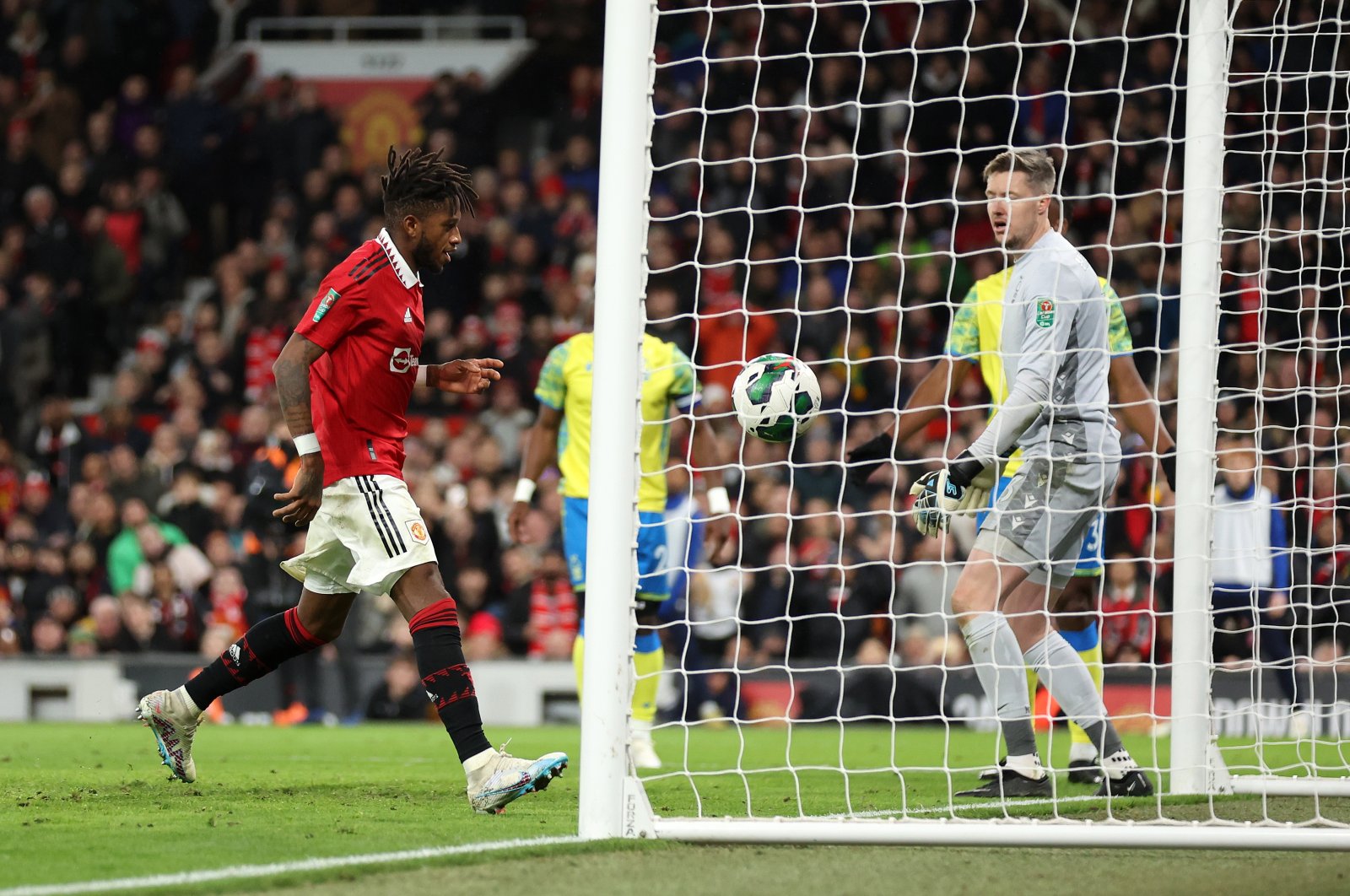 Manchester United&#039;s Fred scores the team&#039;s second goal during the Carabao Cup semifinal 2nd Leg match against Nottingham Forest at Old Trafford, Manchester, U.K., Feb. 1, 2023. (Getty Images Photo)