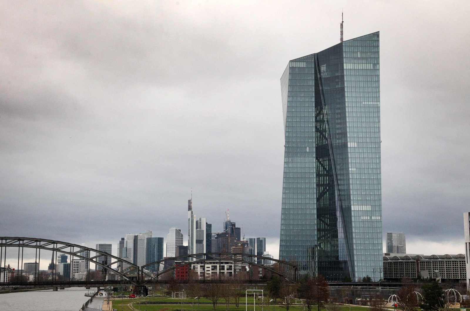 The European Central Bank (ECB) headquarters building is pictured in the cityscape ahead of the start of the press conference on the eurozone&#039;s monetary policy following the meeting of the governing council of the ECB in Frankfurt am Main, western Germany, Feb. 2, 2023. (AFP Photo)