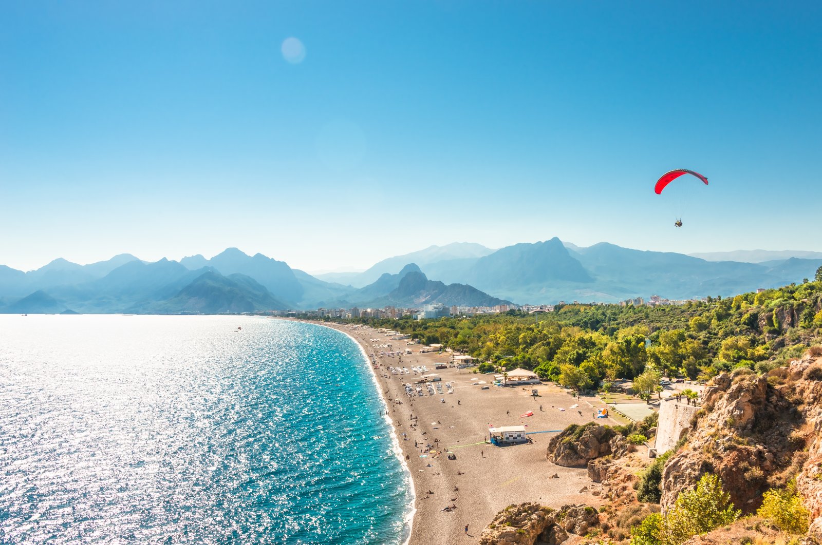 Panoramic bird view of Antalya and Mediterranean seacoast and beach with a paraglider, Antalya, Türkiye, in this undated file photo. (Shutterstock File Photo)
