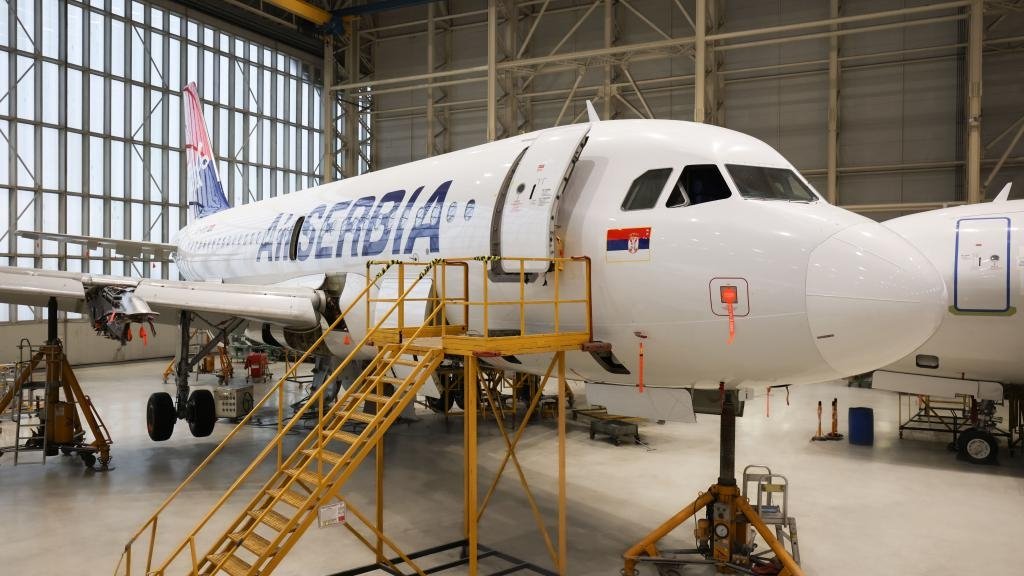The first Air Serbia plane currently under maintenance at Turkish Technic&#039;s facilities in Istanbul, Türkiye, Feb. 3, 2023. (Courtesy of THY)