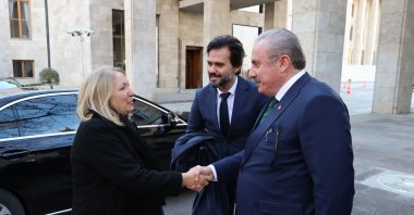 Parliament Speaker Mustafa Şentop shakes hands with Parlatino President Silvia Del Rosario Giacoppo (L) in the capital Ankara, Türkiye, Feb. 2, 2023. (AA Photo)
