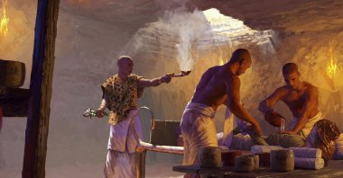 An illustration depicts a priest during an embalming process in an underground chamber in Saqqara, Egypt. (AP Photo)