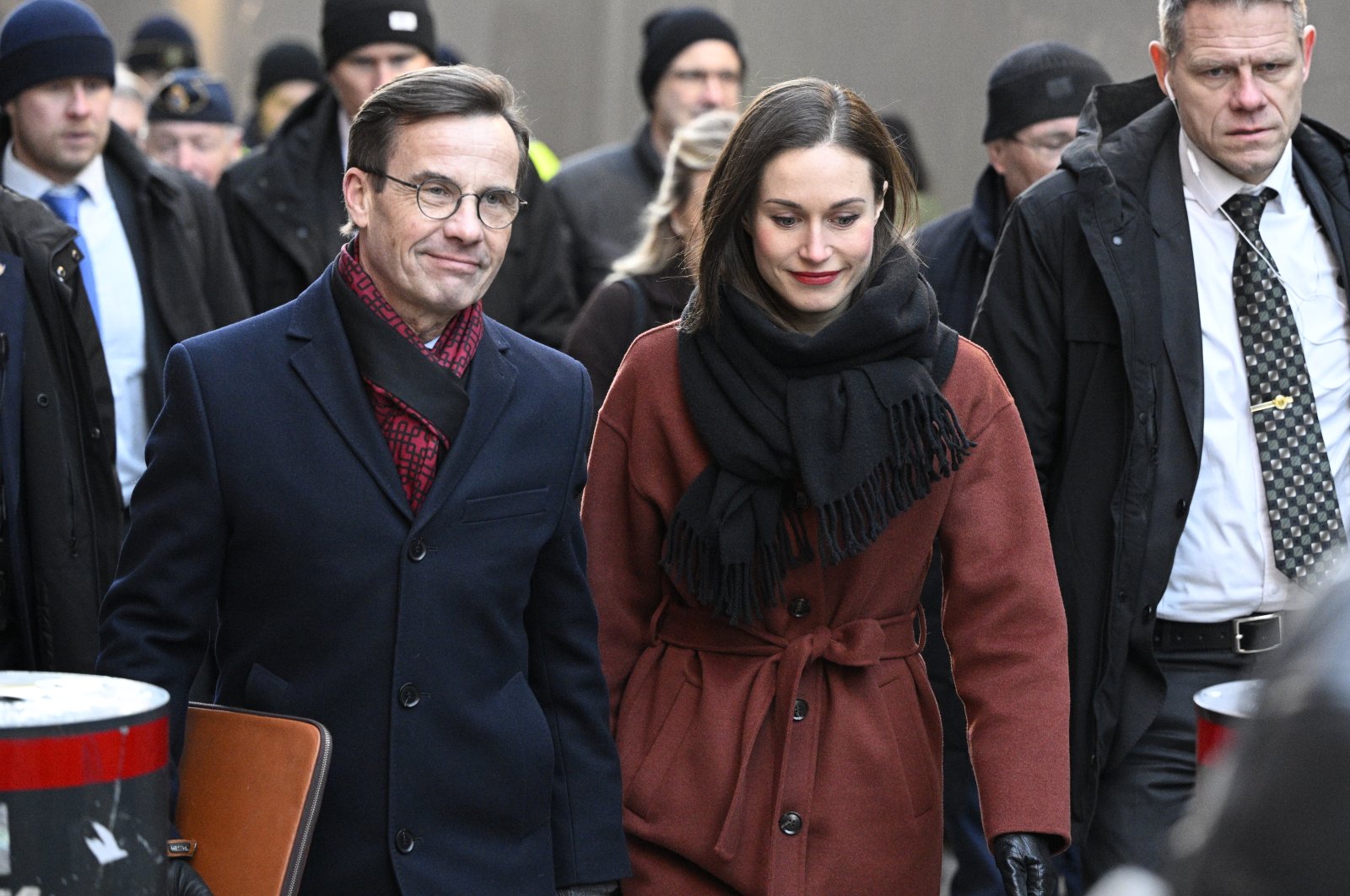 Sweden&#039;s Prime Minister Ulf Kristersson (L) and Finland&#039;s Prime Minister Sanna Marin (R) walk from the prime minister&#039;s official residence The Sager House to the government headquarters Rosenbad in Stockholm, Sweden, Feb. 2, 2023. (EPA Photo)