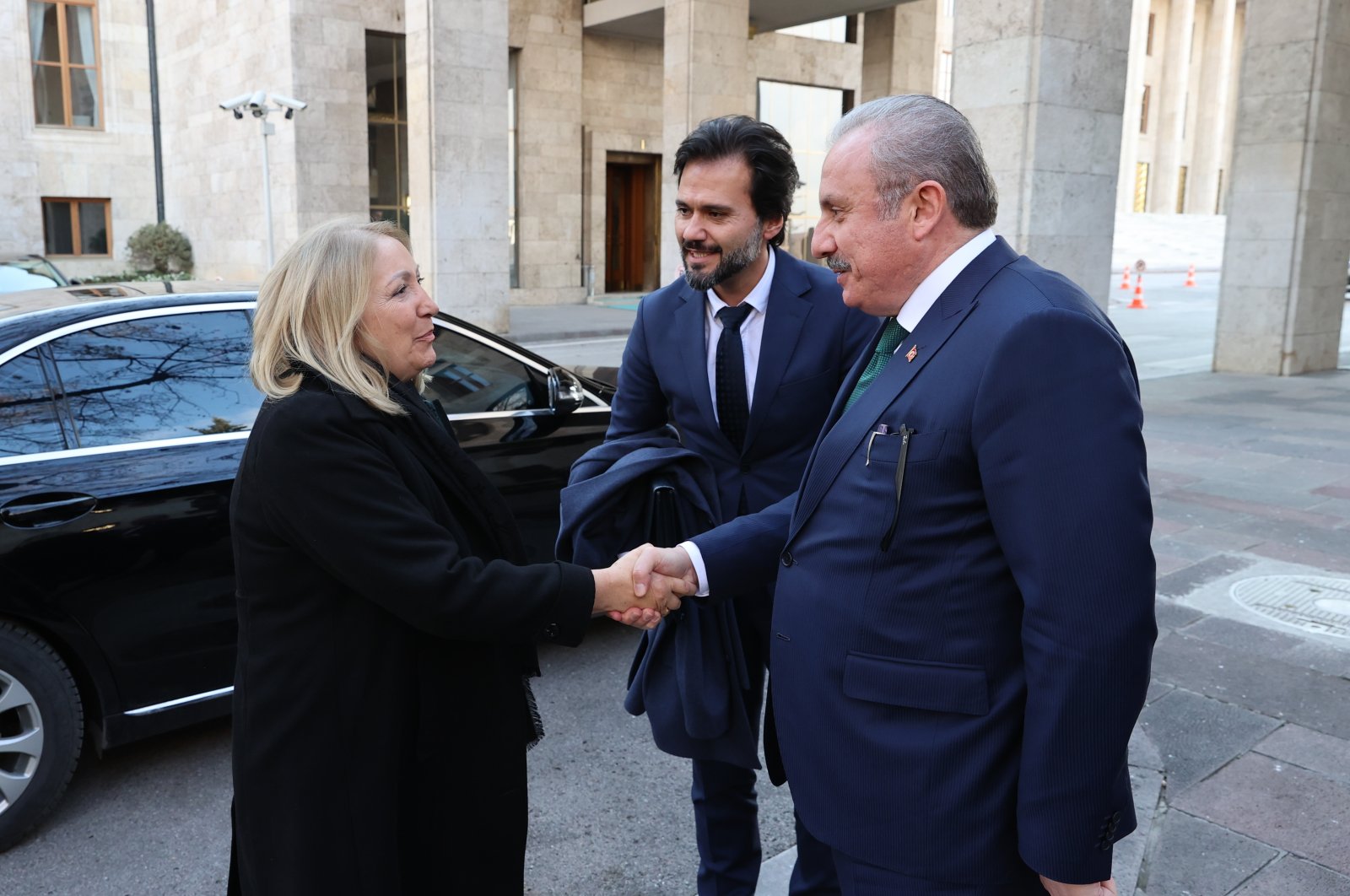 Parliament Speaker Mustafa Şentop shakes hands with Parlatino President Silvia Del Rosario Giacoppo (L) in the capital Ankara, Türkiye, Feb. 2, 2023. (AA Photo)