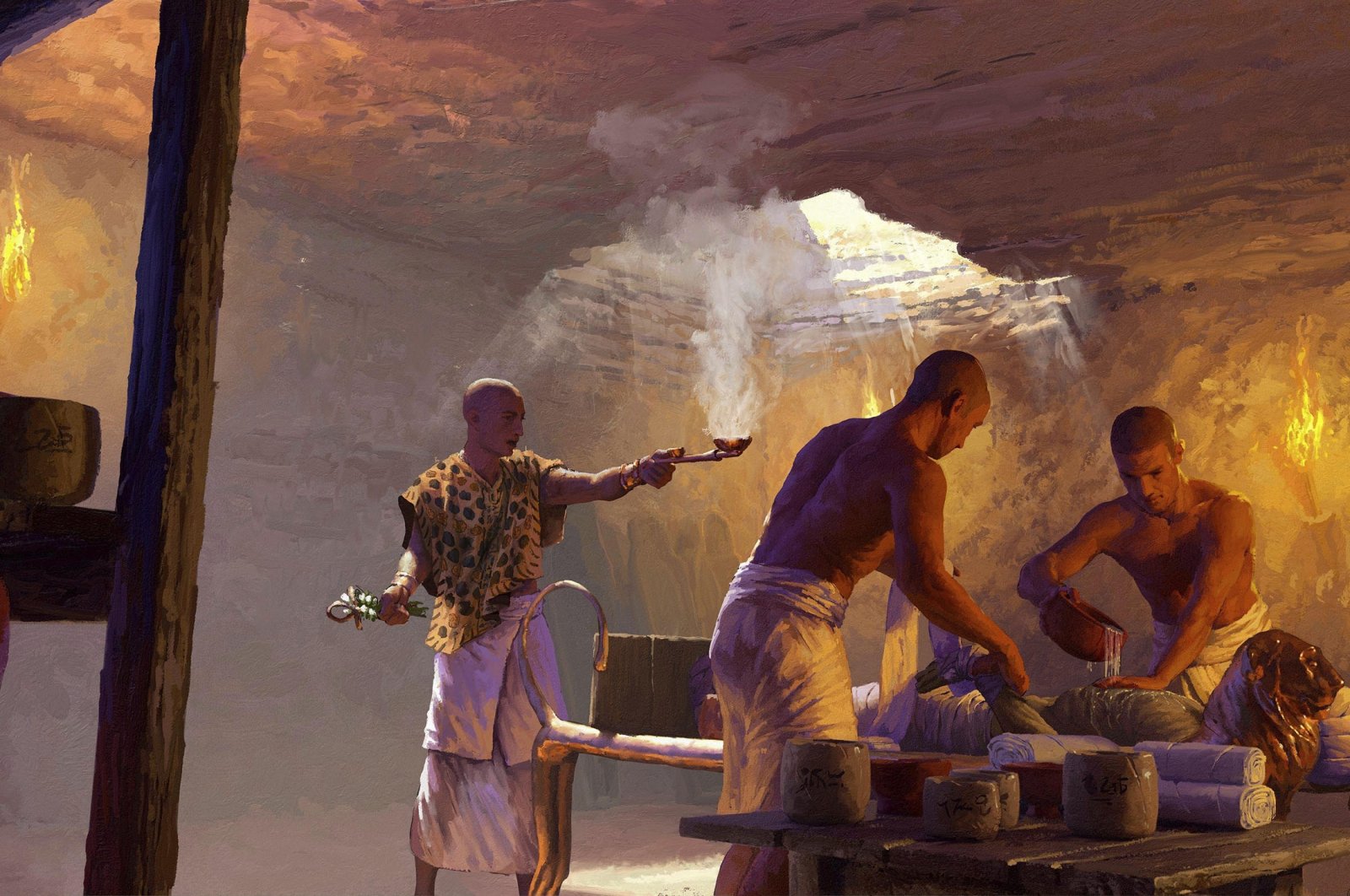 An illustration depicts a priest during an embalming process in an underground chamber in Saqqara, Egypt. (AP Photo)