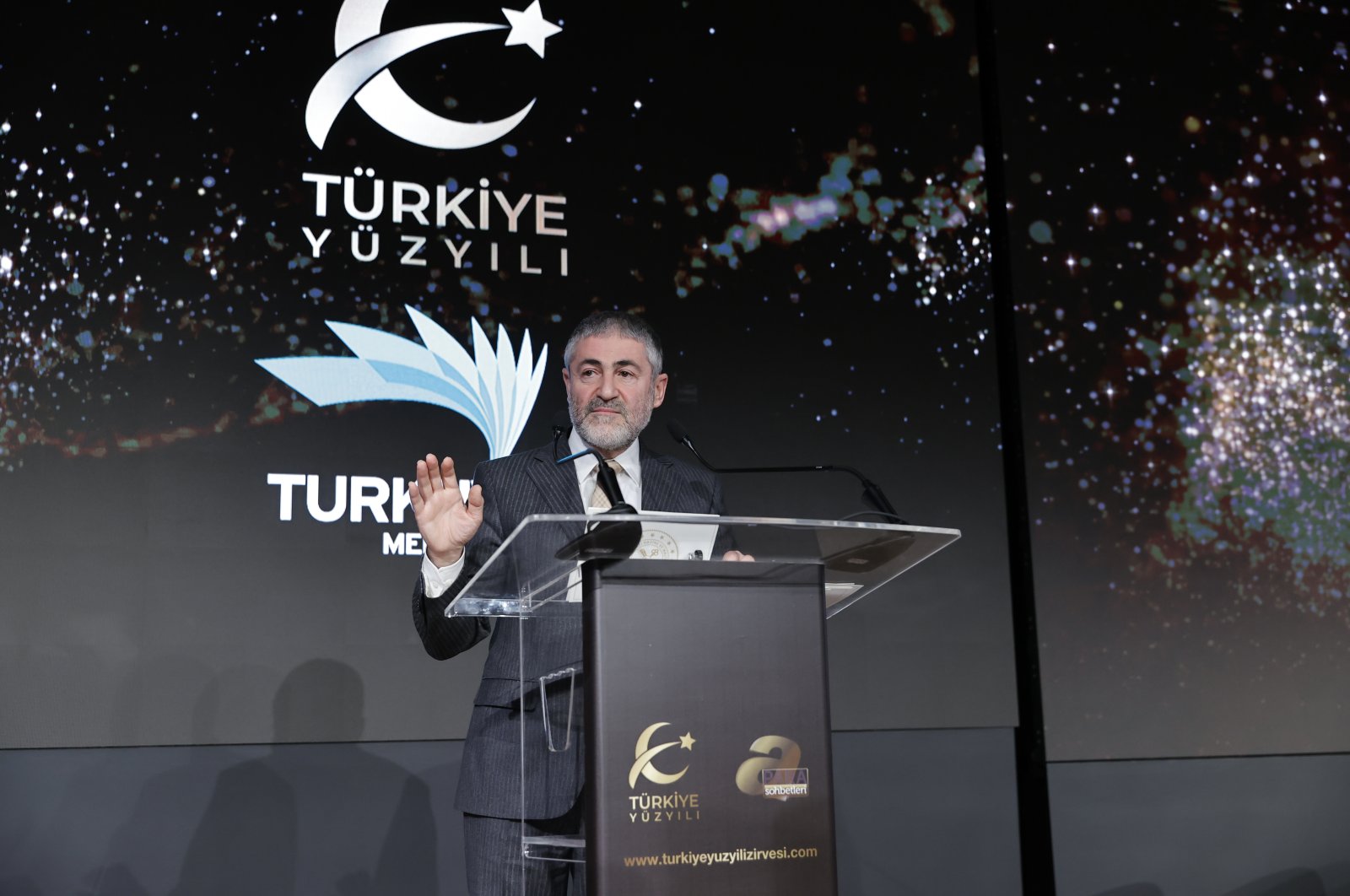 Treasury and Finance Minister Nureddin Nebati delivers a speech at the “Century of Türkiye Summit” at the Turkuvaz Media Center in Istanbul, Türkiye, Feb. 2, 2023. (AA Photo)
