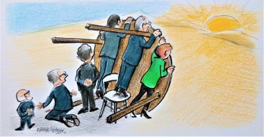 A satirized portrayal of the leaders of the opposition bloc, known as the "table for six." (Illustration by Erhan Yalvaç)