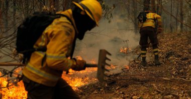 Firefighters battle a blaze in Nacimiento, Concepcion province, Chile, Feb. 4, 2023. (AFP Photo)