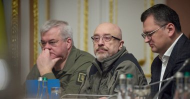 Ukrainian Defense Minister Oleksii Reznikov (C) attends a meeting with Ukrainian President Volodymyr Zelenskyy, European Commission President Ursula von der Leyen and European Council President Charles Michel during a European Union summit in Kyiv, Ukraine, Feb. 3, 2023. (Ukrainian Presidential Press Service via Reuters)