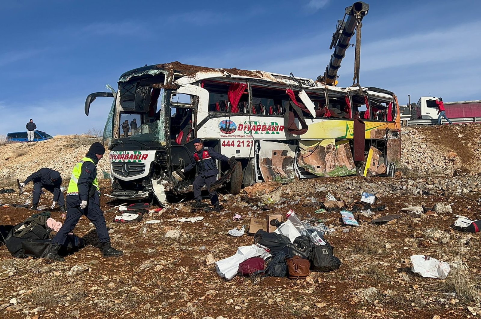 The crashed passenger bus is seen after the accident in Afyonkarahisar, western Türkiye, Feb. 5, 2023. (AA Photo)