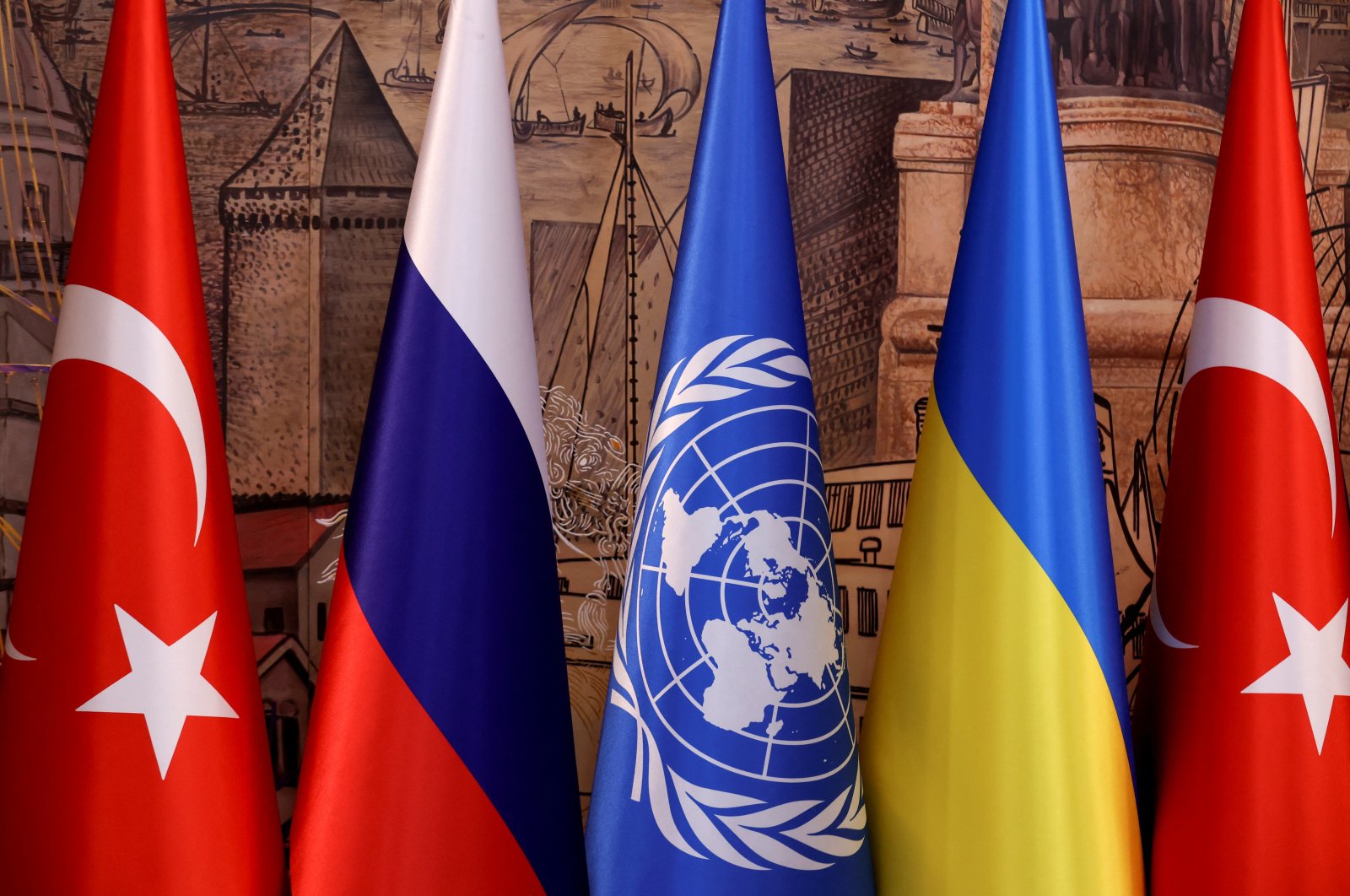 Flags of Türkiye, Russia, the United Nations and Ukraine are seen on the day of a signing ceremony of grain deal in Istanbul, Türkiye, July 22, 2022. (Reuters Photo)