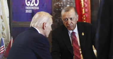 President Recep Tayyip Erdogan and U.S. President Joe Biden talk during the G-20 leaders' summit in Nusa Dua, Bali, Indonesia, Nov. 15, 2022. (AP Photo)