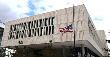 The American flag at half-staff in front of the U.S. Embassy in Ankara, Türkiye, Feb. 7, 2023. (The U.S. Embassy on Twitter)