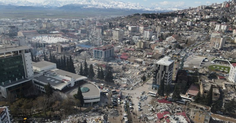 An aerial view shows damaged and collapsed buildings following an earthquake, in Kahramanmaraş, Türkiye Feb. 7, 2023. (Reuters Photo)