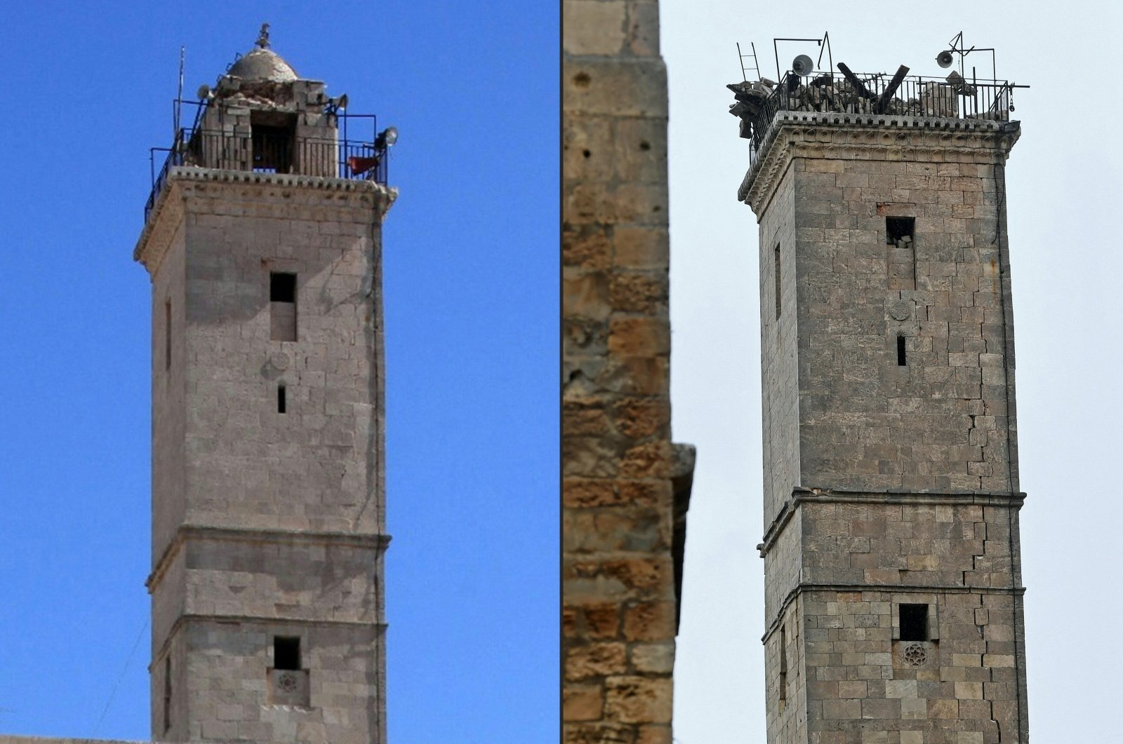 This combination of pictures the minaret of the mosque inside of the UNESCO-listed citadel and its view after the major earthquake, Syria, Feb. 6, 2023. (AFP Photo)