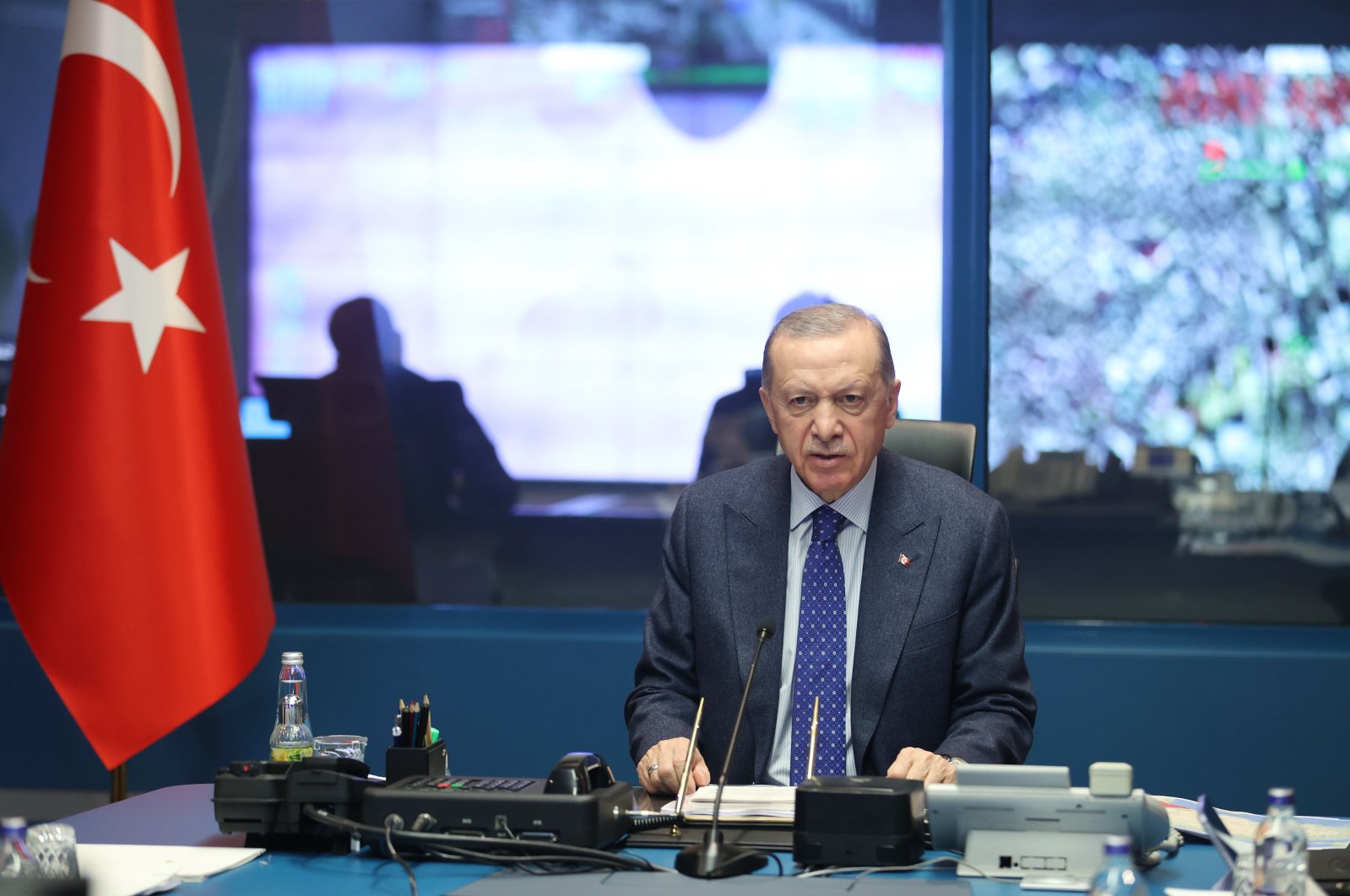 President Recep Tayyip Erdoğan continues his coordination efforts from the State Information Coordination Center after 7.7 and 7.6 earthquakes in Kahramanmaraş, Feb. 7, 2023. (AA Photo)