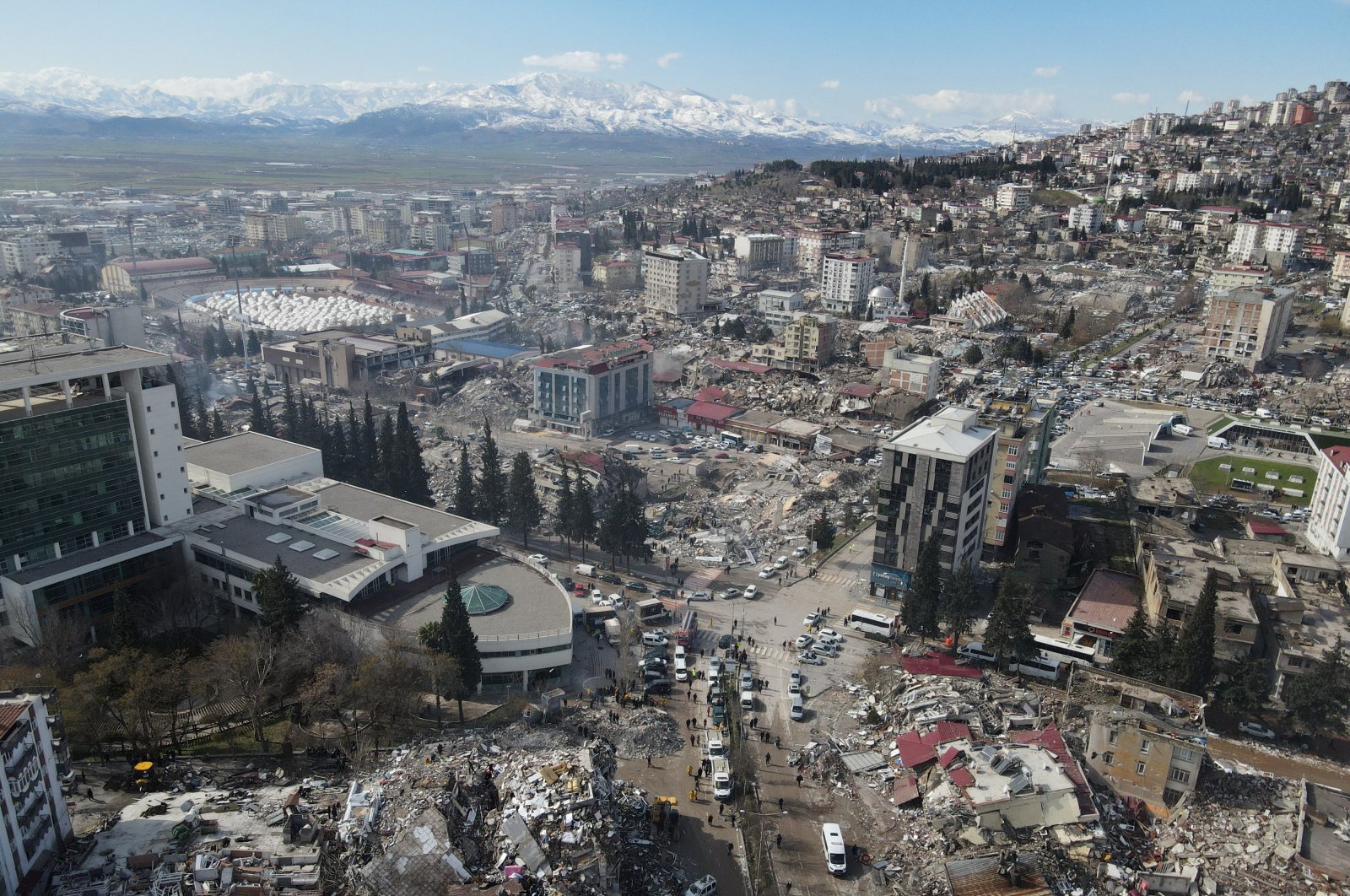 An aerial view shows damaged and collapsed buildings following an earthquake, in Kahramanmaraş, Türkiye Feb. 7, 2023. (Reuters Photo)