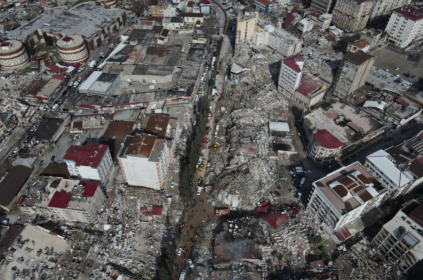 An aerial view shows damaged and collapsed buildings following an earthquake, in Kahramanmaraş, Türkiye, Feb. 7, 2023. (Reuters Photo)
