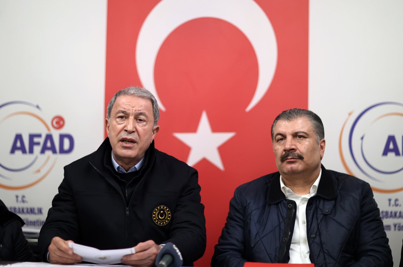 Defense Minister Hulusi Akar and Health Minister Fahrettin Koca attend a joint news conference in Hatay, Tuesday, Feb. 7, 2023. (AA Photo)