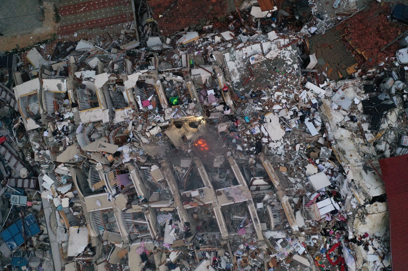 An aerial view of a collapsed building following an earthquake in Hatay, Türkiye, Feb. 7, 2023. (Reuters Photo)