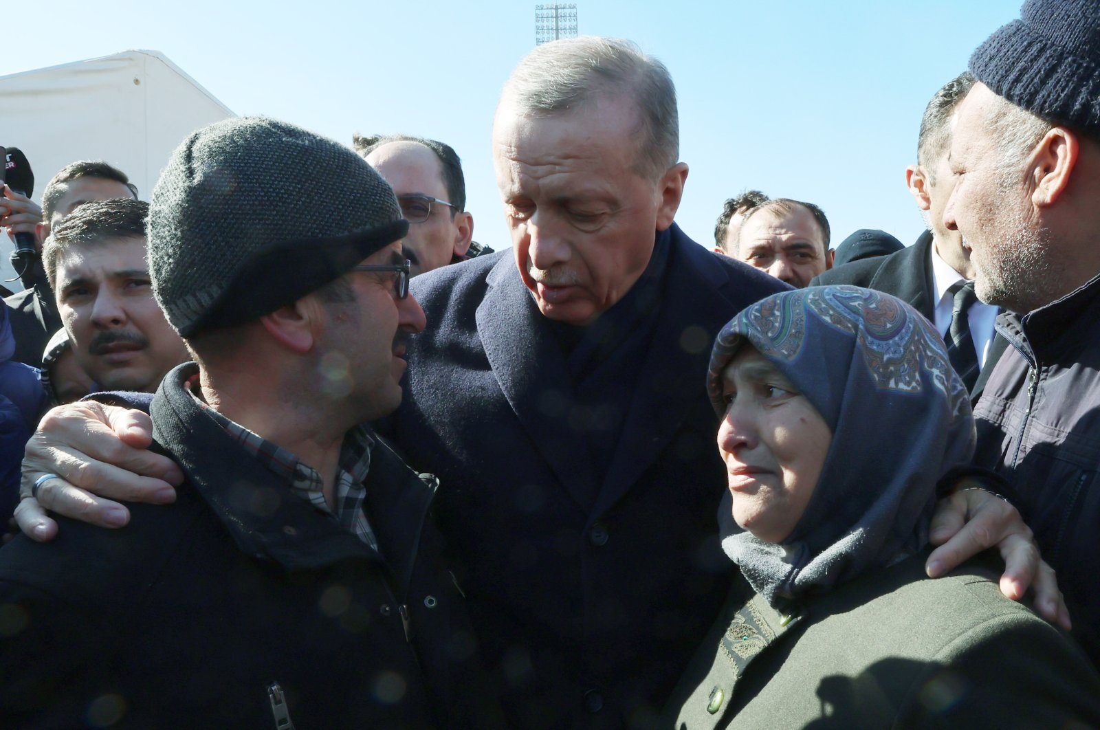 President Recep Tayyip Erdoğan talks to survivors, in Kahramanmaraş, southern Türkiye, Feb.8, 2023. (AA Photo)