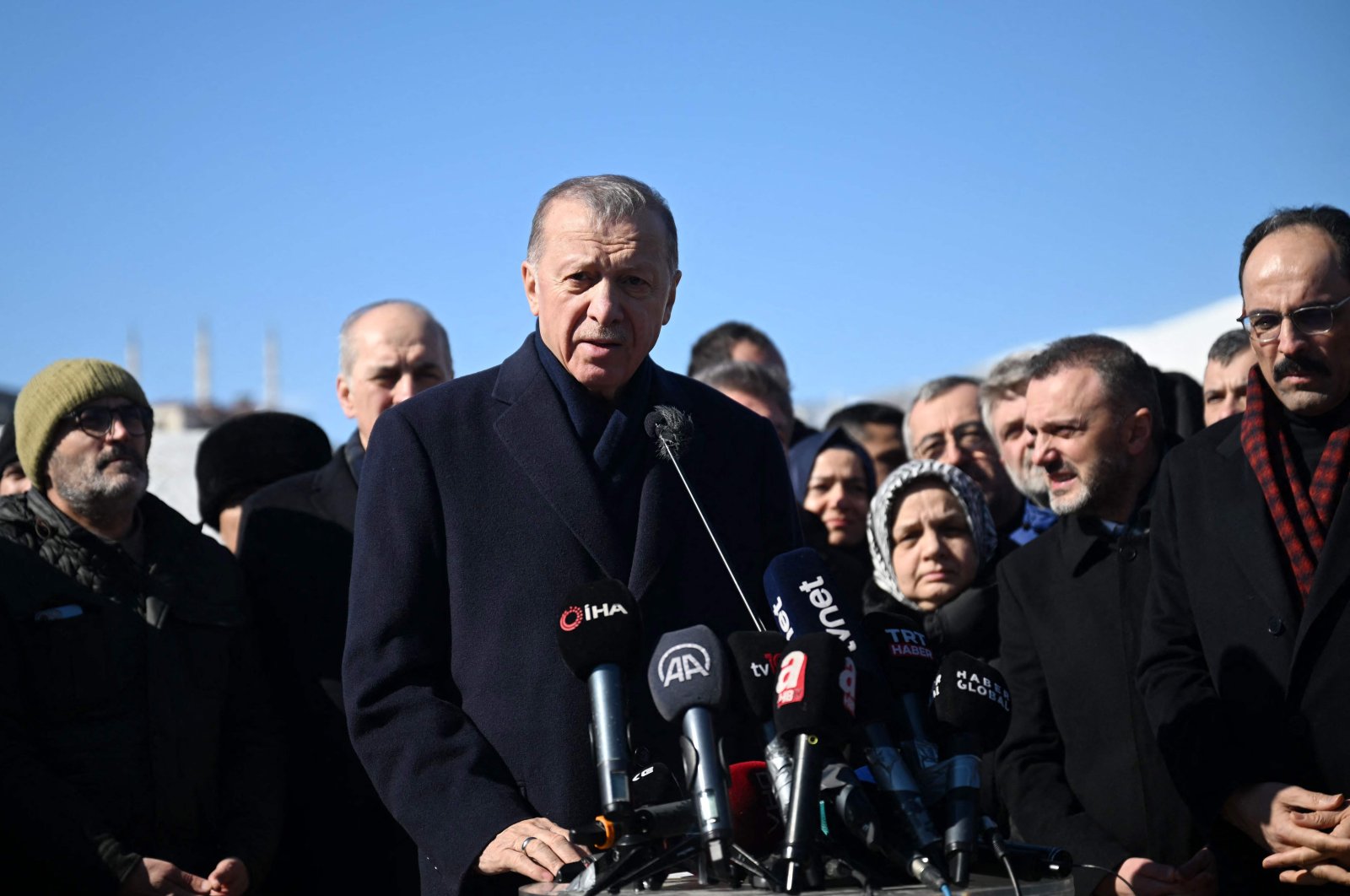 President Recep Tayyip Erdoğan talks to the press during his visit to the southeastern Turkish city of Kahramanmaraş, two days after a strong earthquake struck the region, on Feb. 8, 2023. (AFP Photo)