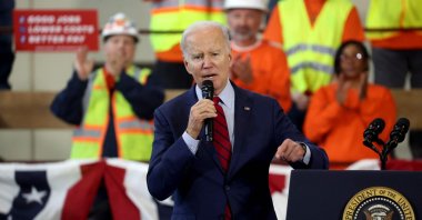 U.S. President Joe Biden speaks to guests at the Laborers’ International Union of North America (LIUNA) training center, in De Forest, Wisconsin, U.S., Feb. 8, 2023. (AFP Photo)