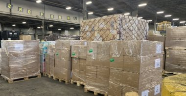 16 pallets of aid donated and packed by the Turkish community in Canada, which made up the first shipment of supplies sent to Türkiye, Feb. 8, 2023. (@TorontoTurkCons)