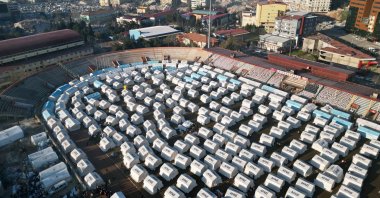 An aerial view shows tents placed at a stadium in the aftermath of the deadly earthquake, in Kahramanmaraş, southern Türkiye, Feb. 9, 2023. (Reuters Photo)