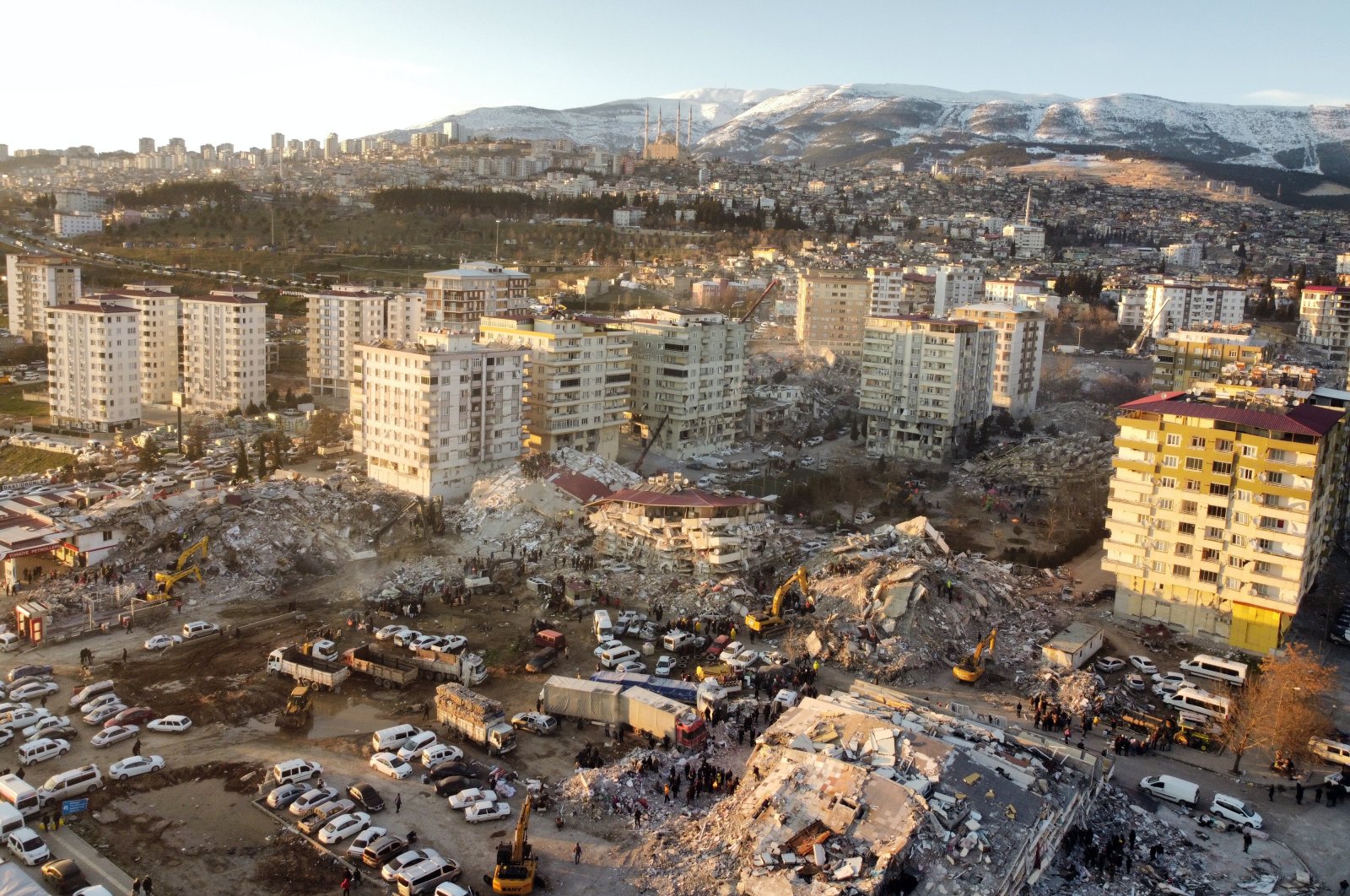 An aerial picture taken with a drone shows the rubble of collapsed buildings in the city of Kahramanmaraş, southeastern Türkiye, Feb. 8, 2023.(EPA Photo)
