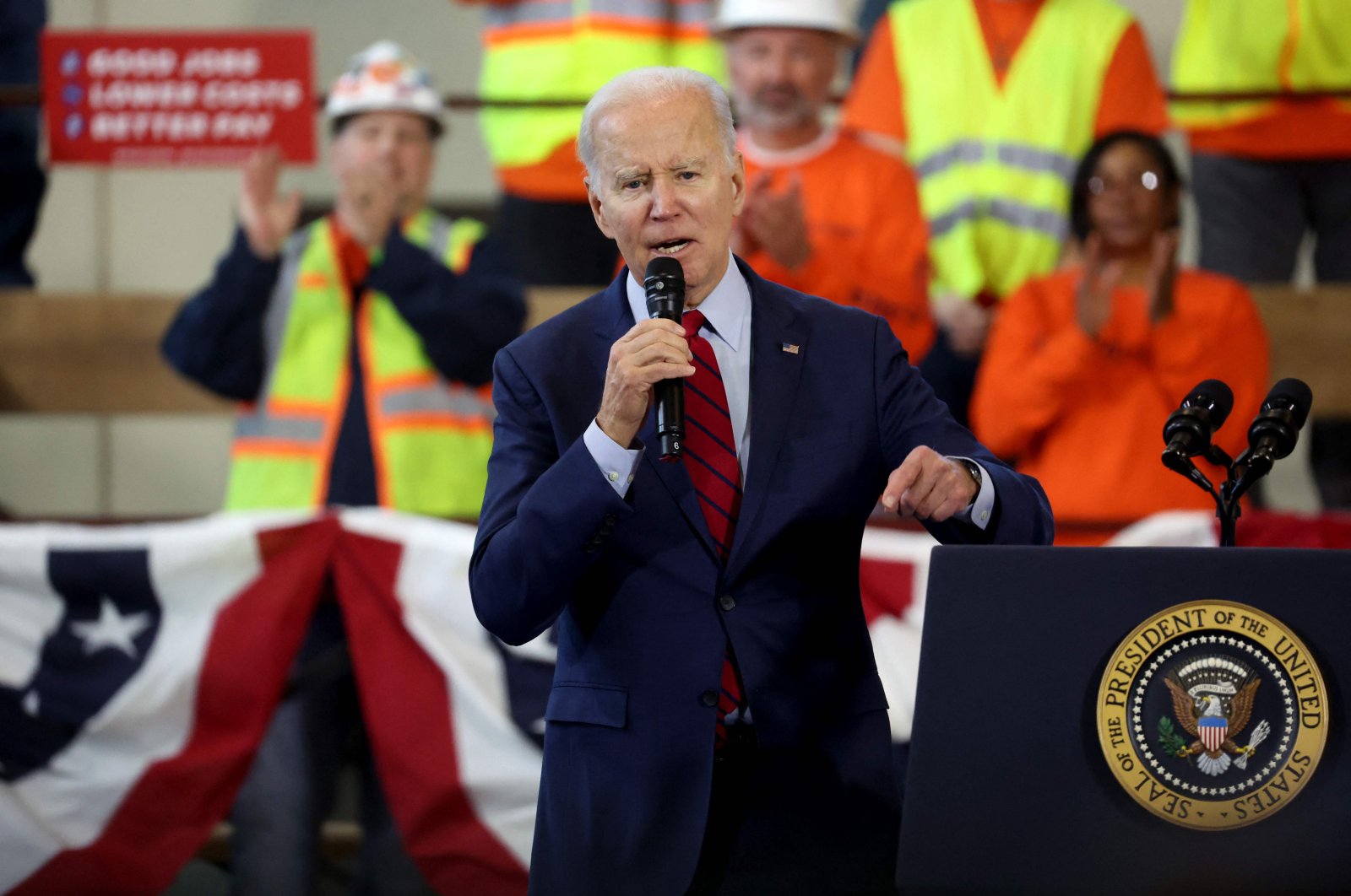 U.S. President Joe Biden speaks to guests at the Laborers’ International Union of North America (LIUNA) training center, in De Forest, Wisconsin, U.S., Feb. 8, 2023. (AFP Photo)