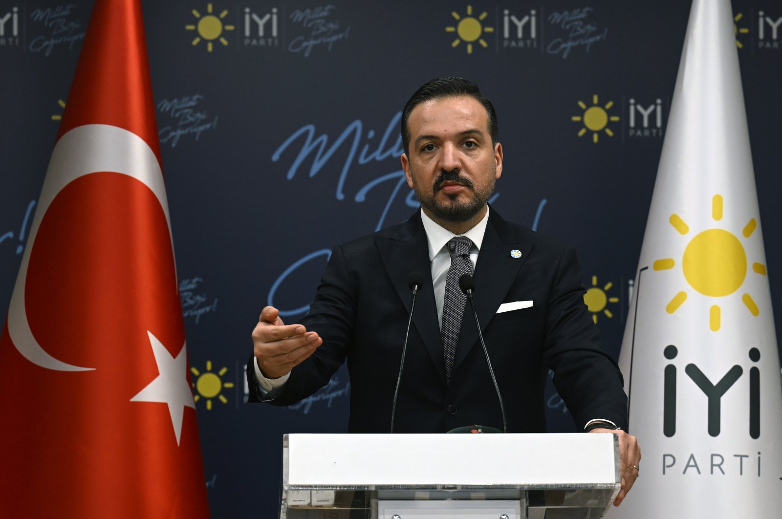 Good Party (IP) Spokesperson Kürşad Zorlu speaks at a press conference on the earthquake, Ankara, Türkiye, Feb. 6, 2023. (AA Photo)