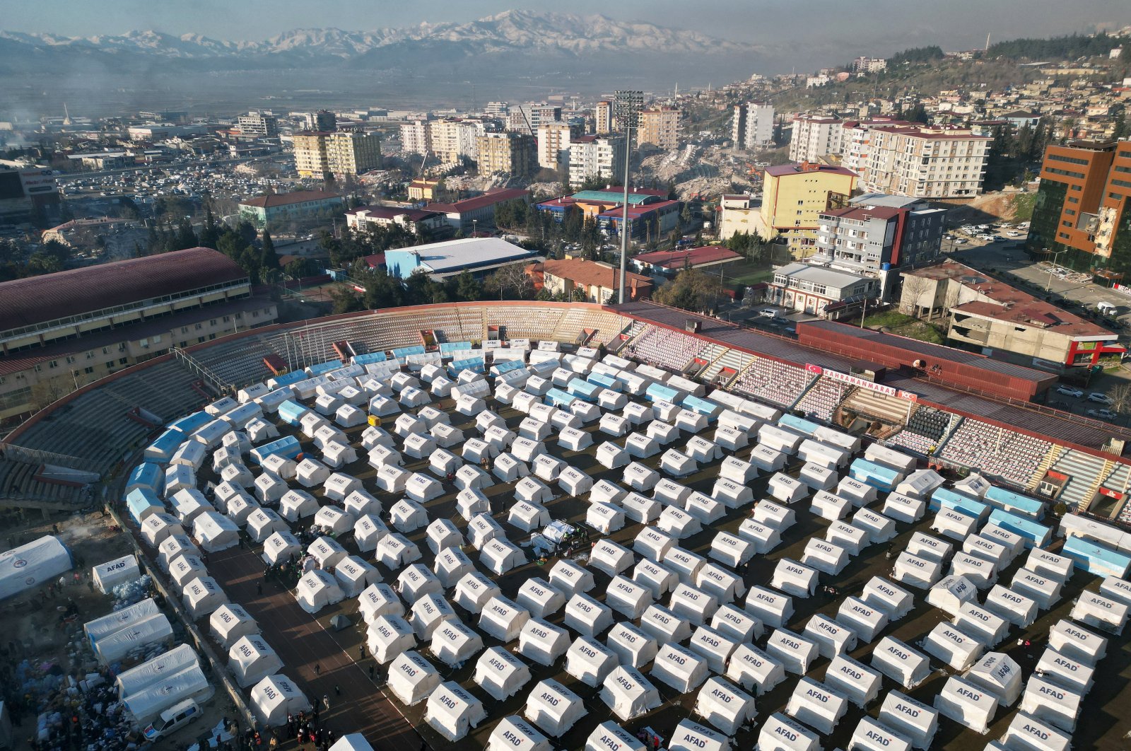 An aerial view shows tents placed at a stadium in the aftermath of the deadly earthquake, in Kahramanmaraş, southern Türkiye, Feb. 9, 2023. (Reuters Photo)