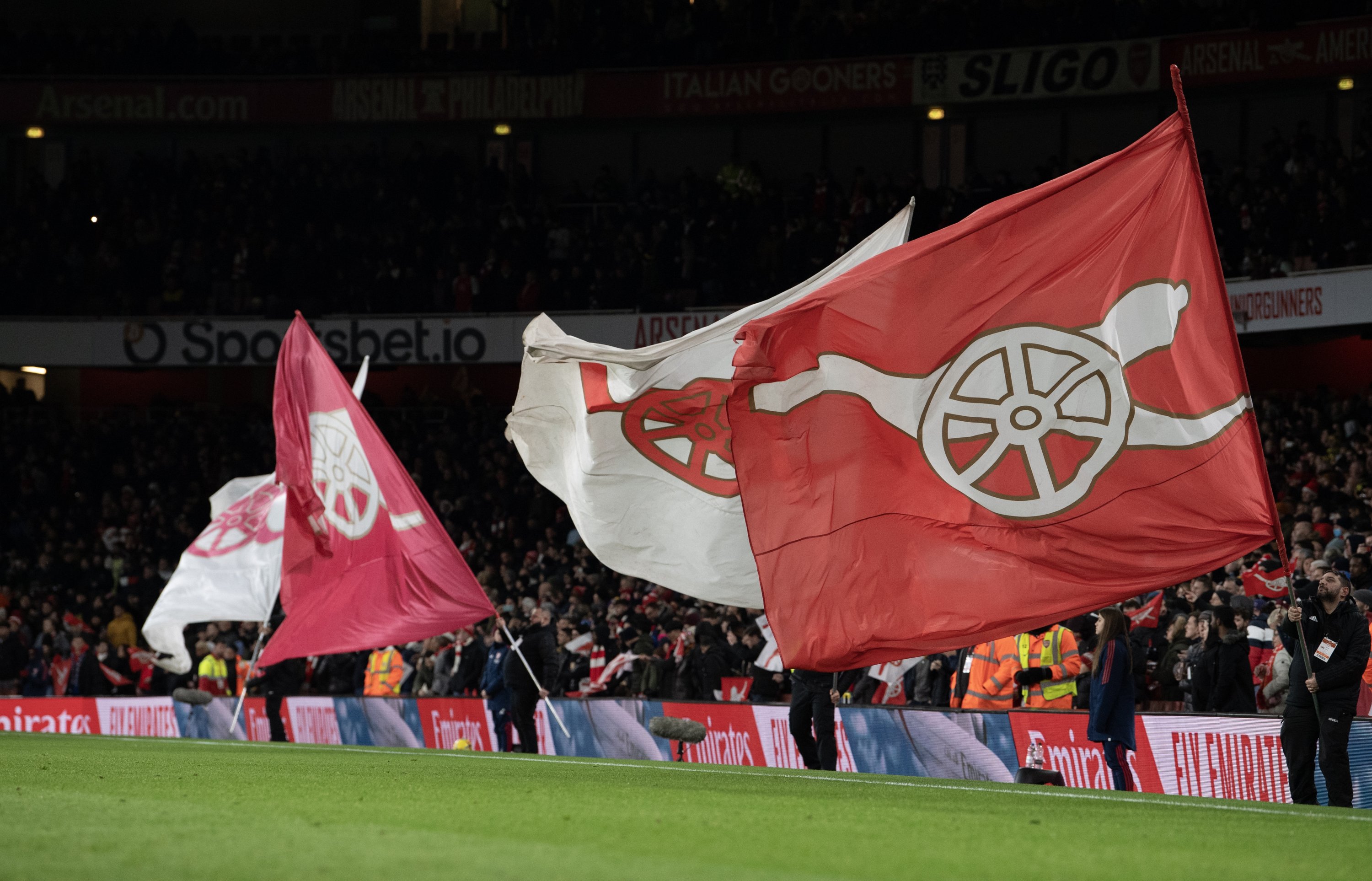 Arsenal flags are waved at the Emirates Stadium, London, U.K., Dec. 26, 2022. (Getty Images Photo)