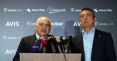 Mehmet Büyükekşi, president of the Turkish Football Federation (L), and Union of Clubs President Ali Koç (R) address the media, Istanbul, Türkiye, Feb. 9, 2023. (IHA Photo)