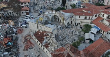 An aerial view of the demolished structure of the Habib-i Neccar Mosque, one of Anatolian oldest mosques, after the Feb. 6 earthquakes, Hatay, southeastern Türkiye, Feb. 9, 2023. (IHA Photo)
