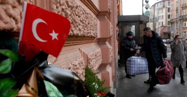 People bring humanitarian aid to the Turkish consulate in Saint Petersburg, Russia, Feb. 9, 2023. (AFP Photo)