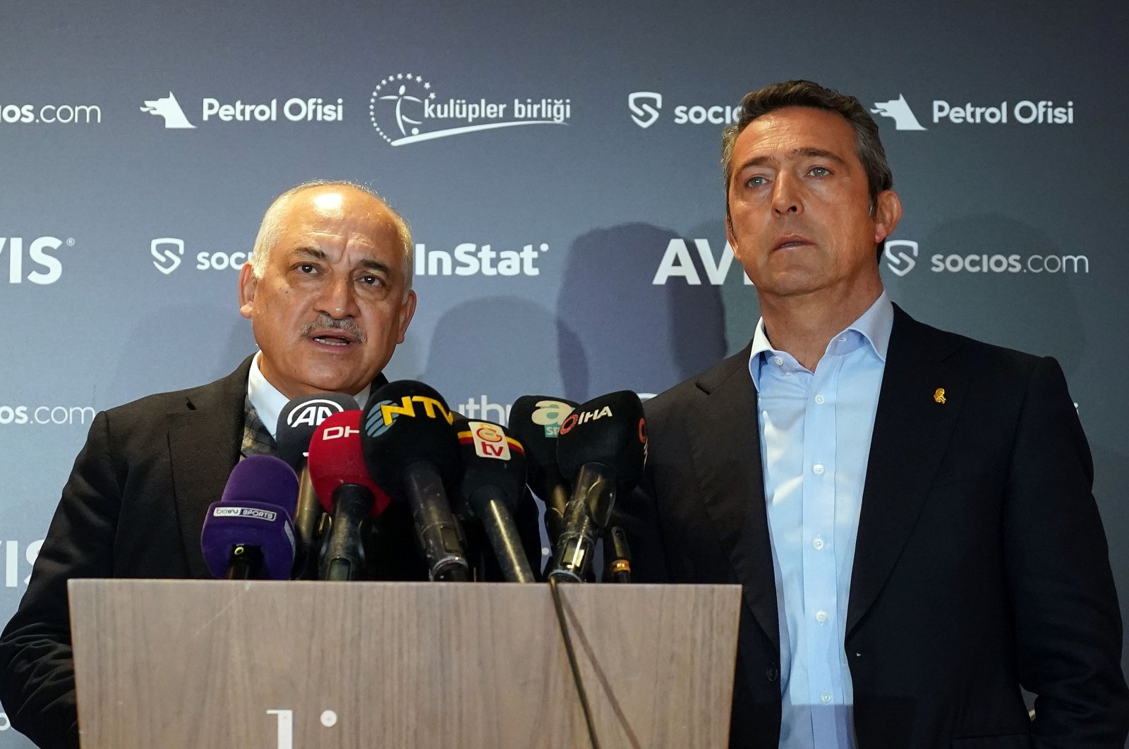 Mehmet Büyükekşi, president of the Turkish Football Federation (L), and Union of Clubs President Ali Koç (R) address the media, Istanbul, Türkiye, Feb. 9, 2023. (IHA Photo)