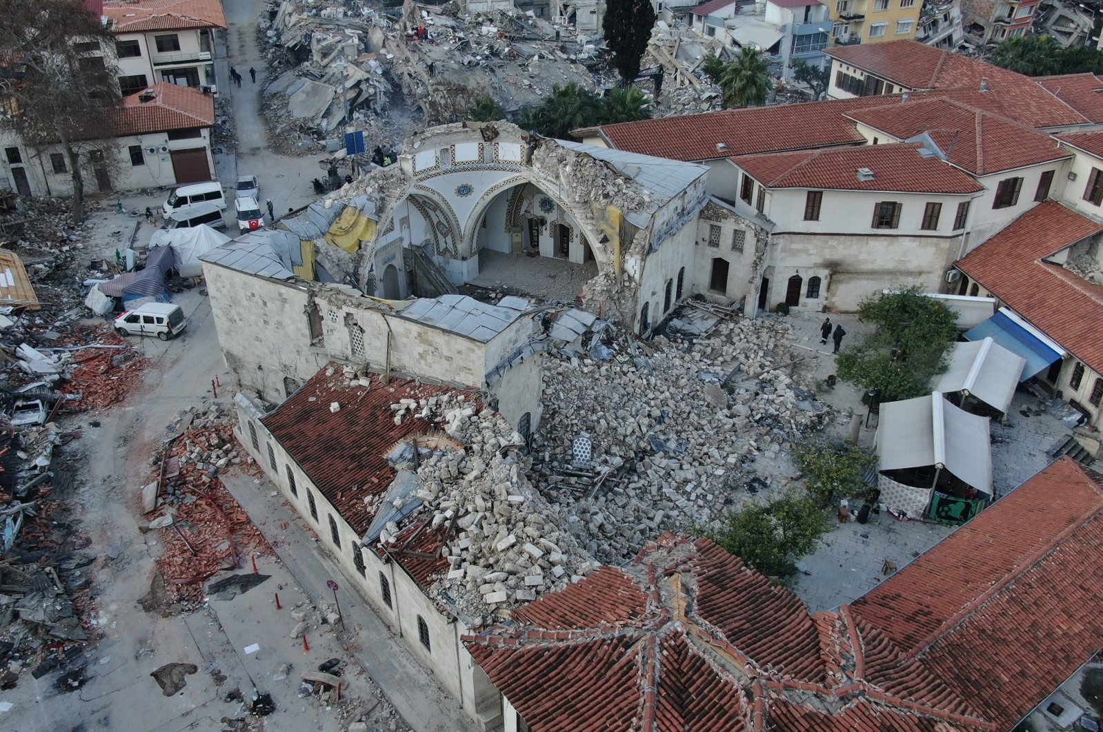 An aerial view of the demolished structure of the Habib-i Neccar Mosque, one of Anatolian oldest mosques, after the Feb. 6 earthquakes, Hatay, southeastern Türkiye, Feb. 9, 2023. (IHA Photo)
