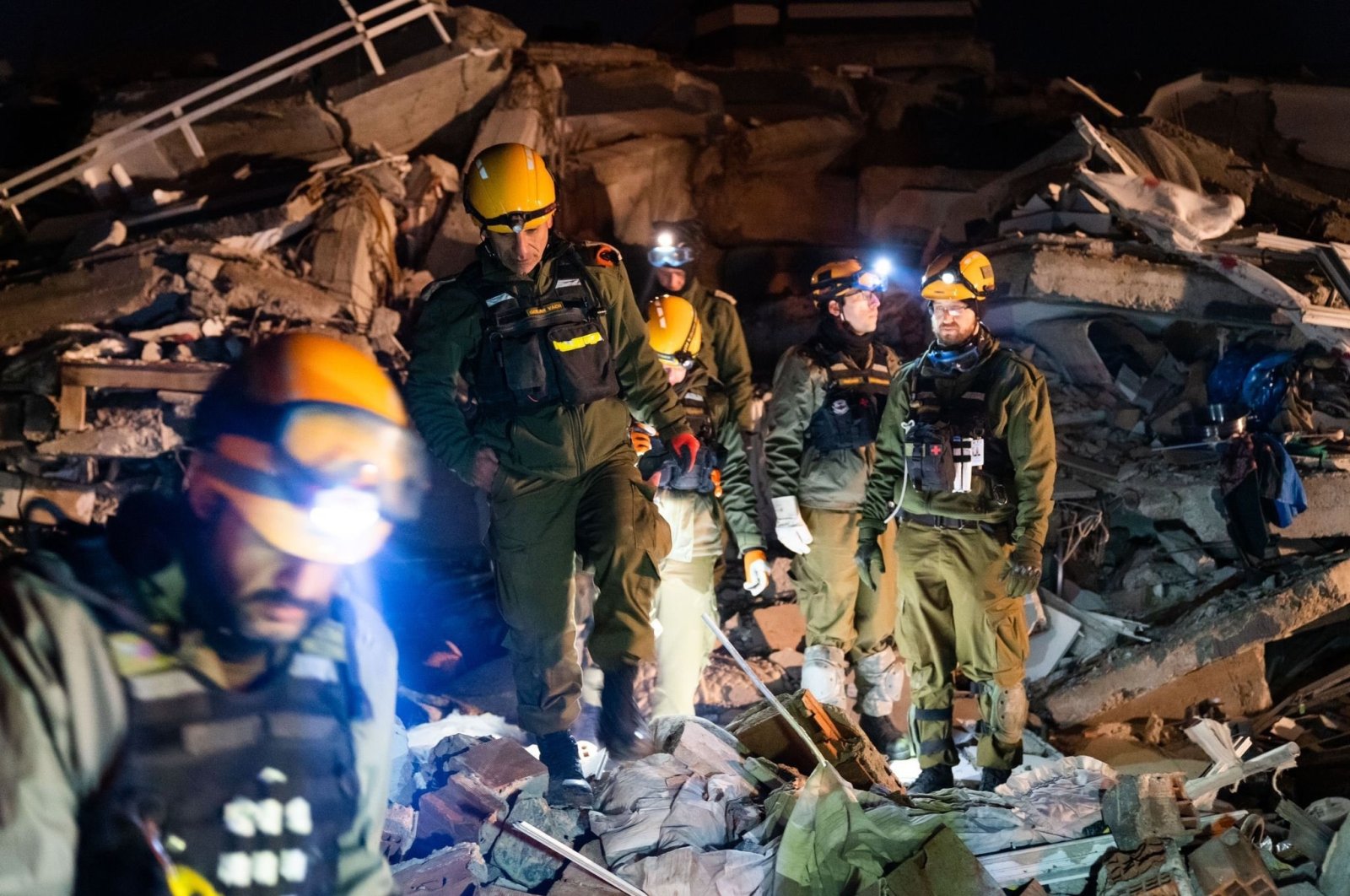 An Israeli rescue crew works through the rubble, in Kahramanmaraş, southern Türkiye, Feb. 8, 2023. (İHA Photo)