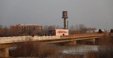 A truck carrying humanitarian aid sent by Armenia heads to Türkiye's earthquake-hit areas, Feb. 11, 2023. (DHA Photo)