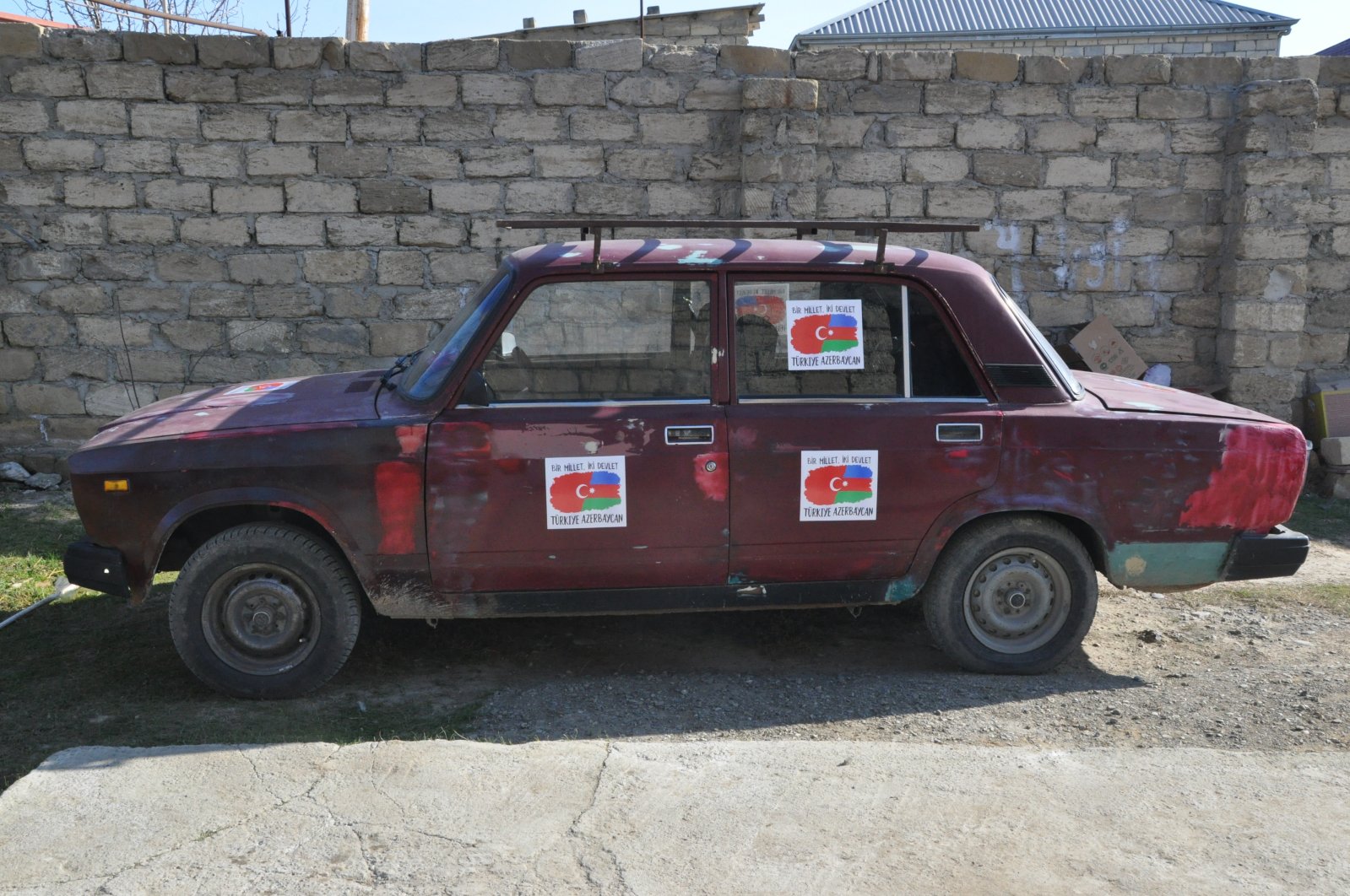 Server Beşirli&#039;s car in which he delivered aid to help earthquake victims in Türkiye, in Baku, Azerbaijan, Feb. 11, 2023.