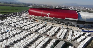 Tents for earthquake victims are seen around the New Hatay Stadium, Hatay, Türkiye, Feb. 12, 2023. (IHA Photo)
