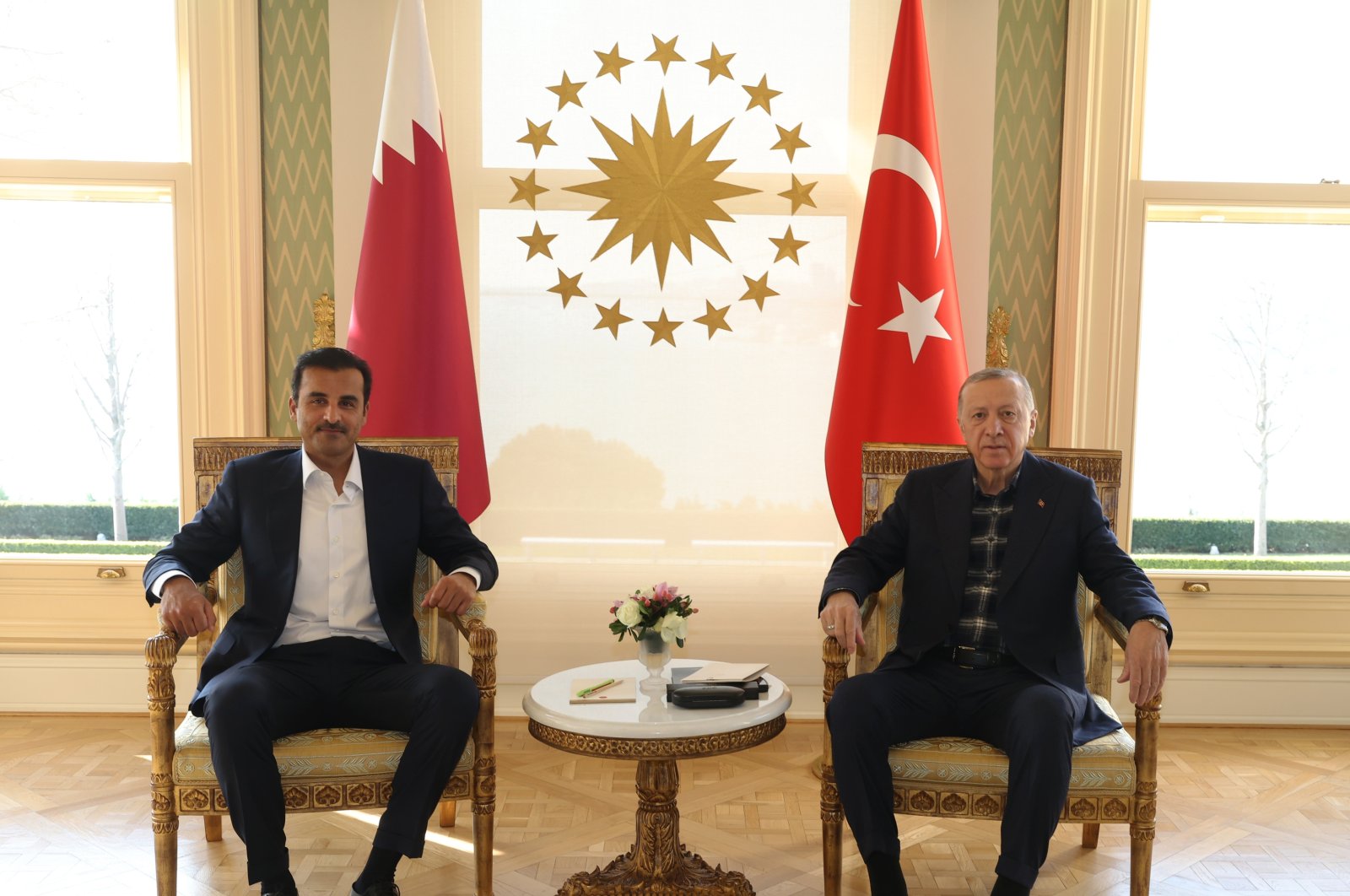 President Recep Tayyip Erdoğan (R) receives Qatar&#039;s emir, Sheikh Tamim bin Hamad Al Thani, at Vahdettin Mansion in Istanbul, Türkiye, Feb. 12, 2023. (AA Photo)