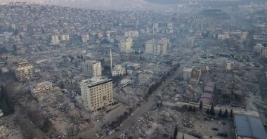 A picture taken with a drone shows a general view over an area with many collapsed buildings after the powerful earthquake in Kahramanmaraş, southern Türkiye, Feb. 13, 2023. (EPA Photo)